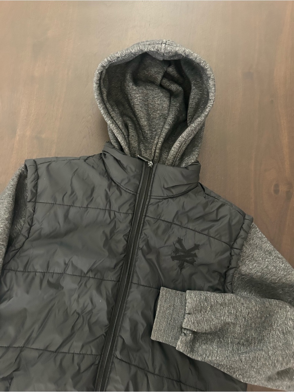 Zoo York Hooded Puffer Jacket L Mens Gray Heather Black Knit Sleeve Padded Coat